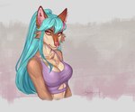 anthro blue_hair breasts cheek_tuft clothing ear_piercing ear_ring eyebrows eyelashes facial_tuft female fur hair inner_ear_fluff long_hair looking_at_viewer piercing pink_eyes pink_nose ponytail ring_piercing simple_background solo tan_body tan_fur topwear tuft ariagoldberry aria_(ariagoldberry) canid canine canis mammal wolf absurd_res artist_name digital_media_(artwork) hi_res portrait