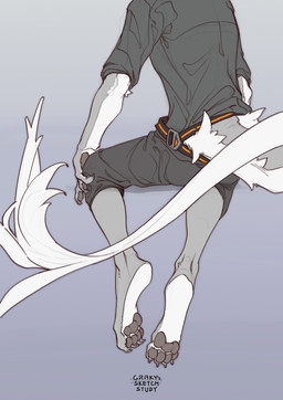 4_toes anthro barefoot belt blue_background bottomwear claws clothed clothed_anthro clothed_male clothing countershade_arms countershade_feet countershade_fur countershading faceless_anthro faceless_character faceless_male feet finger_claws fingerpads fully_clothed fully_clothed_anthro fully_clothed_male fur furgonomics gradient_background grey_body grey_bottomwear grey_claws grey_clothing grey_fur grey_pants grey_pawpads grey_shirt grey_topwear hand_on_knee hand_on_leg hand_on_own_knee hand_on_own_leg hindpaw long_tail male male_anthro multicolored_body multicolored_fur pants pawpads paws rear_view shirt simple_background sitting soles solo tail tail_tuft toe_claws toes topwear tuft two_tone_body two_tone_fur white_body white_countershading white_fur white_tail white_tail_tuft white_tuft grovintime mythology dragon furred_dragon furred_scalie mythological_creature mythological_scalie scalie hi_res portrait