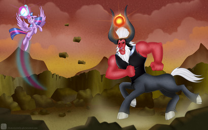 cloud cutie_mark duo facial_piercing feathered_wings feathers female feral fight fire flying fur glowing hair horn magic male mountain multicolored_hair muscular nose_piercing nose_ring outside piercing purple_body purple_eyes purple_feathers purple_fur purple_hair ring_piercing rock septum_piercing sky star sunset two_tone_hair white_hair wings yellow_eyes swanlullaby friendship_is_magic hasbro my_little_pony mythology tirek_(mlp) twilight_sparkle_(mlp) ape equid equine haplorhine mammal mythological_creature mythological_equine primate taur winged_unicorn 16:10 2014 hi_res widescreen