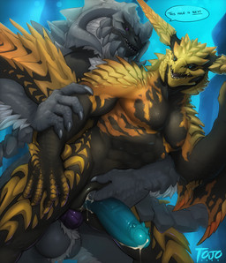 anal anal_penetration anthro ball_tuft balls biped black_body black_sclera blue_eyes blue_penis bodily_fluids cum cum_in_slit cum_inside fingering fur genital_fluids genitals grey_body grey_scales hand_on_arm horn male male/male male_anthro nude_male penetration penile penile_penetration penis penis_in_ass purple_eyes purple_penis scales slit_fingering tuft white_body white_fur yellow_body conditional_dnp tojo_the_thief capcom monster_hunter arkveld flying_wyvern rey_dau 2025 hi_res signature