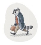 anthro biped black_nose bottomwear briefcase clothing fur grey_body grey_fur pants shirt simple_background solo topwear walking rayfkm mammal procyonid raccoon 2024 hi_res