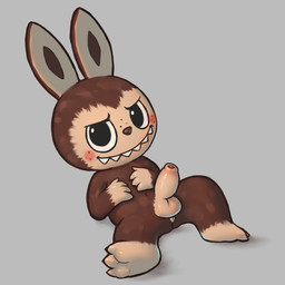 3_toes 4_fingers anthro balls blush brown_body brown_fur erection feet fingers foreskin freckled_face freckles fur genitals glistening grey_background humanoid_genitalia humanoid_penis long_ears lying male navel on_back penis perineum sharp_teeth short_anthro short_male shota simple_background solo tan_body teeth toes toy unretracted_foreskin young young_anthro young_male badipoki pop_mart the_monsters_(kasing_lung) labubu_(character) labubu 1:1 absurd_res hi_res