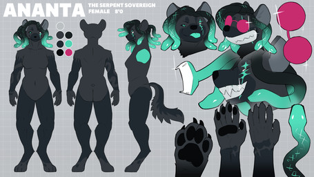 anthro bared_teeth black_body black_fur black_sclera eyewear female fur glasses paws scar smile solo teeth sexotheque european_mythology greek_mythology mythology gorgon hybrid hyena mammal 16:9 hi_res model_sheet widescreen