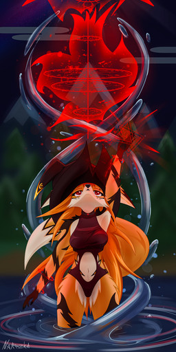 anthro bodysuit breasts clothed clothing ears_down eyebrow_piercing facial_piercing female front_view hair hat headgear headwear lipstick looking_up magic magic_circle magic_user makeup moon night orange_body outside partially_submerged piercing pivoted_ears red_eyes red_hair skinsuit solo spellcasting standing standing_in_water tail tattoo tight_clothing water witch witch_hat narezka naria_(narezka) canid canine fox mammal absurd_res colored digital_media_(artwork) hi_res shaded