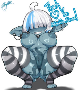 areola barbell_piercing blush bottomless clothed clothing crouching female genitals leggings legwear nipple_piercing nipples piercing presenting presenting_vulva smile smiling_at_viewer smirk smirking_at_viewer solo topless vulva pissgata seffie_(peewee) goblin humanoid