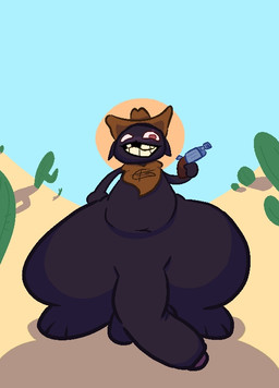 anthro balls belly cactus clothing cowboy_hat desert digitigrade foreskin genitals gun handgun hat headgear headwear kerchief looking_down male outside penis plant ranged_weapon revolver weapon trashgal mewgenics zodiac_(mewgenics) felid feline mammal