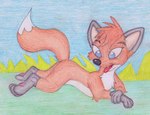 blue_eyes female feral fur lying paws red_body red_fur smile solo tongue tongue_out otherart jungledyret_hugo rita_(jungledyret) canid canine fox mammal traditional_media_(artwork)