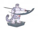 adventurer anthro balls barazoku felid franpaccio genitals half-erect justin_(ieaden) male mammal melee_weapon musclegut muscular muscular_anthro muscular_male nude overweight overweight_anthro overweight_male pantherine penis polearm scythe simple_background solo tiger weapon white_background