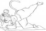 anthro barefoot biped bodily_fluids butt clothed clothing exercise feet female gloves_(marking) hair hair_bun markings mature_anthro mature_female motion_lines raised_leg side_view simple_background slightly_chubby solo sweat thick_thighs white_background batartcave amber_(batartcave) cheetah felid feline mammal hi_res monochrome sketch