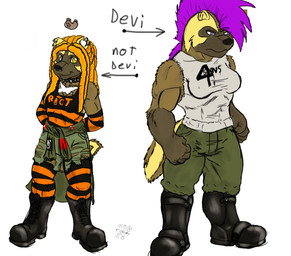 alternative_fashion boots clothing dreadlocks duo female footwear legwear mohawk piercing punk purple_eyes shoes simple_background stockings tail white_background yellow_eyes mca_jabberwocky devin_(mca_jabberwocky) jabbey gulonine mammal mustelid musteline wolverine