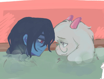 ambiguous_gender anthro bathing bathing_together blue_hair blush duo fur hair horn hot_spring male mostly_submerged water white_body white_fur pillowbug99 deltarune undertale_(series) kris_dreemurr ralsei bovid caprine goat human mammal