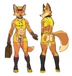 anthro bellhop butt chaps chastity_cage chastity_device clothed clothing crotchless_shorts hat headgear headwear lock male padlock pink_chastity_cage simple_background skimpy solo topwear white_background spacedog canid canine fox mammal