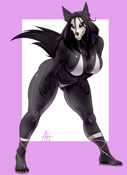 5_fingers 5_toes anthro big_breasts bikini biped black_body black_fur black_hair black_inner_ear_fluff black_sclera black_tail bone breasts camel_toe claws clothed clothed_anthro clothed_female clothing feet female female_anthro finger_claws fingers fluffy fluffy_tail footwear fur glistening glistening_body grey_eyes hair hand_on_leg hand_on_own_leg hand_on_own_thigh hand_on_thigh inner_ear_fluff leaning leaning_forward looking_at_viewer navel pointy_ears simple_background skull skull_head solo swimwear tail teeth thick_thighs toe_claws toes tuft two-piece_swimsuit white_bikini white_clothing white_footwear white_swimwear alexdehell scp_foundation scp-1471-a canid canine malo mammal monster 2025 absurd_res digital_media_(artwork) hi_res signature