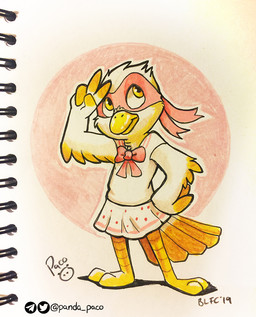 anthro beak bottomwear clothed clothing feathers female female_anthro front_view glistening glistening_eyes hand_on_hip looking_up markings mask mouth_closed simple_background skirt solo standing topwear wearing_mask white_body white_bottomwear white_clothing white_feathers white_skirt white_topwear yellow_beak yellow_eyes yellow_markings young young_anthro young_female pandapaco avian full-length_portrait portrait