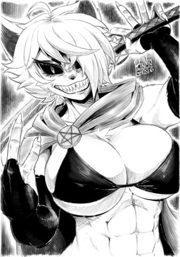 5_fingers abs ahoge anthro armwear big_breasts bikini bikini_top breasts cape chest_tuft cleavage clothed clothing elbow_gloves female fingerless_gloves fingers gloves hair hair_over_eye handwear holding_melee_weapon holding_object holding_sword holding_weapon katana looking_at_viewer melee_weapon muscular muscular_female nails occult_symbol pentagram sharp_nails sharp_teeth short_hair simple_background smile solo swimwear sword symbol teeth toothy_grin tuft two-piece_swimsuit weapon white_background pltnm06ghost demonkat_(psychflood) demon domestic_cat felid feline felis mammal 2026 absurd_res greyscale hi_res monochrome signature
