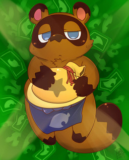 anthro bells_(animal_crossing) brown_body brown_fur chibi fur male money money_bag overweight overweight_anthro overweight_male solo tiri_mama animal_crossing nintendo tom_nook_(animal_crossing) canid canine mammal raccoon_dog tanuki hi_res