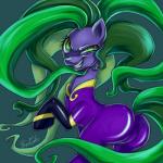 butt clothed clothing costume female fur green_eyes green_hair hair purple_body purple_fur solo suggestive buzucat friendship_is_magic hasbro my_little_pony mane-iac_(mlp) power_ponies_(mlp) earth_pony equid equine horse mammal pony 1:1 2013