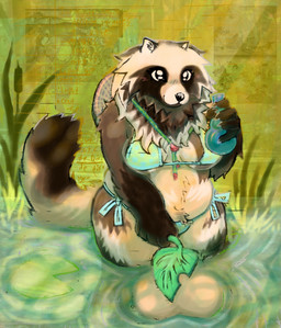 anthro arm_tuft balls belly_tuft big_balls bikini black_nose blush breasts brown_body brown_fur claws clothing container covering covering_self finger_claws fur genitals gynomorph hat headgear headwear holding_container holding_object huge_balls hyper hyper_balls hyper_genitalia ineffective_cover inner_ear_fluff intersex jewelry leaf lily_pad mane medium_breasts navel necklace overweight overweight_gynomorph overweight_intersex partially_submerged plant pointy_ears prick_ears shoulder_tuft snout solo standing sun_hat swimwear tan_body tan_fur teal_bikini teal_clothing teal_swimwear thick_thighs tuft two-piece_swimsuit roadkillblvd canid canine mammal raccoon_dog tanuki 2026 hi_res
