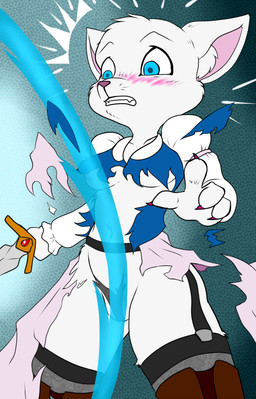 anthro assisted_exposure belly_fluff belt blue_clothing blue_eyes blue_topwear blue_vest blush boots bottomwear breasts claws clenched_teeth clothed clothing colored_nails convenient_censorship emanata embarrassed exploding_clothing exposed female fight footwear fur garter_belt garter_straps holding_object holding_weapon inner_ear_fluff legwear melee_weapon mostly_nude nails navel panties partially_clothed pink_bottomwear pink_claws pink_clothing pink_ears pink_skirt shocked shoes skirt slice solo standing surprised swinging_weapon sword sword_swing teeth thigh_boots thigh_highs topwear torn_bottomwear torn_clothing torn_panties torn_skirt torn_underwear tuft underwear unexpected vest wardrobe_malfunction weapon white_body white_fur joykill dreamworks puss_in_boots_(franchise) dulcinea_(puss_in_boots) domestic_cat felid feline felis mammal hi_res