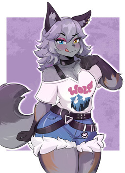 anthro arm_tuft belt blue_eyes bottomwear breasts chest_tuft choker clothing collarbone denim denim_bottomwear denim_clothing denim_shorts ear_piercing ear_ring eyebrows eyelashes female fur gloves_(marking) grey_body grey_fur grey_hair hair heterochromia inner_ear_fluff jewelry licking licking_lips markings necklace piercing ring_piercing shirt shorts shoulder_tuft solo tongue tongue_out topwear tuft wide_hips yellow_eyes silvermaster epic_games fortnite wolfie_(fortnite) canid canine canis mammal wolf 2026 absurd_res hi_res