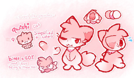 :3 anthro chibi fangs female fur pink_body pink_fur red_eyes semi-anthro solo teeth qwishiflavor qwishi_(qwishiflavor) domestic_cat felid feline felis mammal aliasing digital_media_(artwork) model_sheet