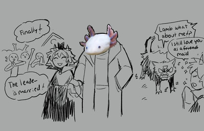3_eyes ambiguous_anthro ambiguous_gender angry anthro crowd dialogue group multi_eye speech_bubble talking_to_another text aveloka cult_of_the_lamb massive_monster_(studio) lamb_(cult_of_the_lamb) narinder amphibian aquatic axolotl bovid caprine domestic_cat felid feline felis mammal mole_salamander salamander sheep 2025 digital_drawing_(artwork) digital_media_(artwork) english_text