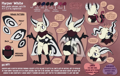 2_toes 3_fingers ambiguous_gender anthro arm_tuft arthropod_abdomen black_body black_skin brown_body brown_fur chest_tuft dark_sclera elbow_tuft fangs feet fingers fur hair hair_over_eye knee_tuft leg_tuft lidded_eyes long_tongue looking_at_viewer neck_tuft open_mouth pupils scared smile smug solo tan_body tan_fur teeth text toes tongue tongue_out tuft white_body white_fur white_pupils conditional_dnp greenlinzerd harper_(greenlinzerd) arthropod insect lepidopteran moth 2026 english_text hi_res model_sheet multiple_images signature