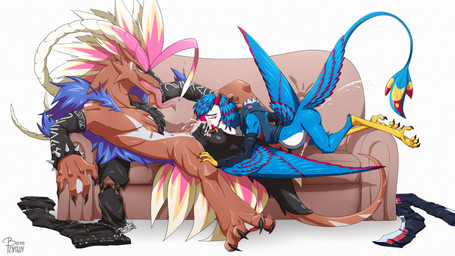 anthro arm_warmers armwear avian_feet balls big_penis blue_body blue_feathers bodily_fluids bracelet claws clothing cum cum_from_ass cum_in_ass cum_in_mouth cum_inflation cum_inside cum_through cum_while_penetrated dominant duo erection excessive_cum excessive_genital_fluids feathered_wings feathers furniture genital_fluids genitals horn humanoid_genitalia humanoid_penis inflation jacket jewelry larger_dom long_tongue male male/male male_penetrated male_penetrating male_penetrating_male on_sofa penetration penis penis_size_difference reclining red_body sex size_difference smaller_penetrated sofa spiked_bracelet spikes tail tail_feathers tail_tuft toe_claws tongue tongue_out topwear tuft wings berebear nintendo pokemon phi_(nyctibius) rezeki_(yokonev) ancient_pokemon apex_build_koraidon avian generation_9_pokemon koraidon legendary_pokemon nevrean paradox_pokemon pokemon_(species) hi_res
