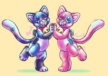 ambiguous_gender anthro bell bell_collar blue_body blue_eyes blue_nose clone collar duo fur glistening glistening_body handle handle_bar heart_(marking) inflatable latex long_tail markings multicolored_body multicolored_fur open_mouth open_smile pink_body pink_collar pool_toy pool_toy_handle red_collar simple_background smile striped_markings striped_tail stripes tail tail_markings yellow_background yellow_eyes brevity august_(meowmcmeow) retro_(retro_bait) animate_inanimate domestic_cat felid feline felis living_inflatable mammal digital_media_(artwork) male_(lore)