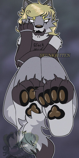 ambiguous_gender anthro armwear barefoot biped blonde_eyebrows blonde_hair brown_pawpads brown_tail_tip chest_tuft claws clothed clothing dipstick_tail ear_piercing elbow_gloves eyebrows eyelashes fangs feet foot_focus foreshortening fur gloves grey_body grey_clothing grey_fur grey_gloves grey_handwear grey_topwear hair hand_on_cheek handwear logo looking_at_viewer markings open_mouth pawpads paws perspective piercing simple_background sitting snout solo tail tail_markings teeth text topwear tuft skunkbitez canid canine mammal 2026 absurd_res artist_logo digital_drawing_(artwork) digital_media_(artwork) english_text hi_res watermark