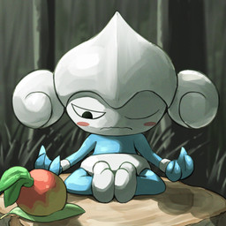 3_fingers ambiguous_gender ambiguous_humanoid black_eyes blue_body blush blush_stickers closed_frown feet fingers food frown fruit grass grey_body leaf leppa_berry light looking_down meditation mouth_closed multicolored_body not_furry nude nude_ambiguous nude_humanoid on_stump one_eye_closed outside plant pokemon_berry sitting solo tree tree_stump two_tone_body spicyichizo nintendo pokemon generation_3_pokemon humanoid meditite pokemon_(species) 1:1 2026 absurd_res hi_res lighting shaded