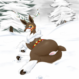 antlers anus bell black_nose blue_eyes blush bodily_fluids bridle brown_body brown_fur butt clitoris eyelashes female feral fur genital_fluids genitals harness holidays hooves horn lights lying nude open_mouth outside plant presenting simple_background smile snow solo teeth tongue tree vaginal_fluids vulva white_body white_fur kamikitsu christmas nintendo pokemon deer generation_5_pokemon mammal pokemon_(species) sawsbuck winter_sawsbuck 1:1 2015 colored