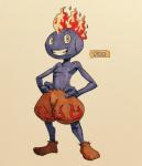 2017 2_fingers alternate_color biped bottomwear brown_bottomwear brown_clothing bulge clothed clothing english_text fakemon fingers fire firefightdex flaming_hair footwear front_view full-length_portrait generation_2_pokemon grey_body grey_skin hand_on_hip hatching_(art) hi_res humanoid looking_at_viewer male marco_fanjul marker_(artwork) mixed_media mohawk nintendo not_furry pants pecs pen_(artwork) plantigrade pokemon pokemon_(species) portrait pseudo_hair shaded shadow shoes simple_background skinny skinny_humanoid skinny_male smile solo standing text toony topless traditional_media_(artwork) tyrogue white_background yellow_eyes