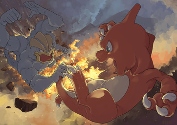 5_fingers ambiguous_gender angry battle blue_eyes breath_powers claws cloud duo elemental_manipulation eye_contact fingers fire fire_breathing fire_manipulation humanoid_hands looking_at_another male multi_arm multi_limb muscular muscular_male open_mouth red_eyes rock tongue nekonekoyukai nintendo pokemon charmeleon generation_1_pokemon humanoid machamp pokemon_(species) 2015