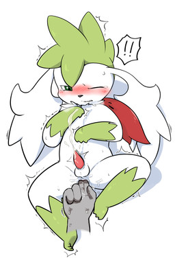 ambiguous_gender anal anal_fingering anthro balls blush bodily_fluids breath clenched_teeth cum cum_drip cum_on_face cum_while_fingered cumshot dripping duo ejaculation erection fingering front_view genital_fluids genitals green_body green_eyes hands-free lying male male/male on_back orgasm orgasm_face penis solo_focus tapering_penis tears teeth tawa_1908 nintendo pokemon generation_4_pokemon legendary_pokemon pokemon_(species) shaymin sky_forme_shaymin hi_res