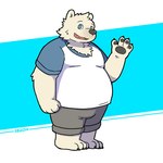 anthro belly big_belly black_nose blue_eyes bottomwear clothing cute_fangs humanoid_hands kemono male overweight overweight_male shirt shorts simple_background solo topwear white_body flappydog bear mammal polar_bear ursine 1:1 2022