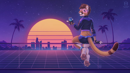 4_toes anklet anthro barefoot beverage biped bottomwear brown_hair butt city city_background cityscape claws clothing cropped_jacket curling_toes dipstick_tail eyewear feet female female_anthro finger_claws fingerless_gloves furgonomics geometric_background gloves goggles grid_background hair handwear holding_beverage holding_object hotpants jewelry looking_at_viewer looking_back markings mountain palm_tree pattern_background pawpads paws plant plantigrade rear_view short_hair shorts simple_background sitting_on_railing smile soles solo striped_markings striped_tail stripes sunset synthwave tail tail_clothing tail_markings toe_claws toes tree kacey ivy_(ralenfox) cougar felid feline mammal 16:9 digital_media_(artwork) hi_res widescreen