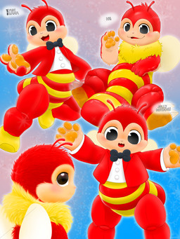 anthena anthro black_bow_tie black_eyes blonde_hair bombastic_side_eye bow_tie clothing hair heart_symbol insect_wings male orange_paws red_body red_clothing red_suit solo suit text wings yellow_body munimuni jollibee jollibee_(mascot) arthropod bee hymenopteran insect absurd_res baybayin_text hi_res tagalog_text translated