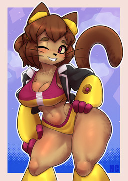 4_fingers anthro armor armwear bottomwear bra breasts clothed clothed_anthro clothed_female clothing collarbone female female_anthro fingers gauntlets gloves handwear legwear looking_at_viewer mature_anthro mature_female navel one_eye_closed pose robotic_arm smile smiling_at_viewer solo sports_bra sportswear tail teeth_showing text thick_thighs topwear underwear whiskers wide_hipped_anthro wide_hipped_female wink winking_at_viewer skylosminkan gameoverse glitch_productions kit_(gameoverse) felid feline mammal 2026 absurd_res artist_name colored detailed digital_drawing_(artwork) digital_media_(artwork) hi_res portrait shaded signature three-quarter_portrait