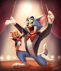 anthro clothed clothing duo fur looking_at_viewer male on_model smile stage shira-hedgie metro-goldwyn-mayer tom_and_jerry jerry_mouse thomas_cat domestic_cat felid feline felis house_mouse mammal mouse murid murine rodent tuxedo_cat 2017