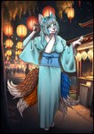 anthro blue_body blue_eyes blue_fur breasts clothed clothing female festival festive fur holidays kemono multi_tail solo tail divinetofu new_year yoso_(zekeofgods) canid canine fox fox_spirit mammal hi_res