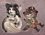 anthro chibi clothing dress duo eyewear female fluffy fluffy_tail glasses hair hat headgear headwear inner_ear_fluff jewelry looking_at_viewer male necklace smile tail toothy_grin tuft alien-rat capcom resident_evil alcina_dimitrescu karl_heisenberg canid canine canis domestic_cat felid feline felis mammal wolf