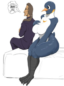3_toes anthro anthro_focus beak bed big_breasts black_body black_eyes black_legs breasts brown_hair claws crossed_arms duo eyelashes eyewear featureless_breasts feet female female_anthro female_focus furniture glistening glistening_body hair imagination long_hair male male_human orange_beak ponytail simple_background sitting sketch_background sunglasses tail text thick_thighs thought_bubble toe_claws toes white_background white_body wide_hips kuri avian bird human mammal penguin 3:4 absurd_res hi_res japanese_text pictographics sketch translation_request