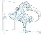 anthro breakdancing claws crossgender dancing doorway handstand humor inside male muscular muscular_anthro muscular_male on_one_hand pun sharp_teeth solo tail teeth toe_claws tongue tongue_out heresy_(artist) killer_instinct rareware riptor dinosaur dromaeosaurid prehistoric_species reptile scalie theropod velociraptor 2015 dated digital_media_(artwork) monochrome