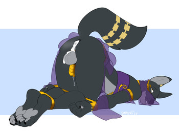 anthro anus ass_up balls bdsm bodily_fluids bondage bound butt chastity_cage chastity_device clothed clothing cum cum_in_ass cum_inside fucked_silly genital_fluids genitals gold_(metal) gold_chastity_cage gold_chastity_device gold_jewelry harem_outfit jewelry leaking_cum leaking_precum male markings penis precum presenting presenting_anus presenting_cum_inside presenting_hindquarters raised_tail restraints simple_background solo submissive tail tail_markings smutzkii ineq anubian_jackal canid canine canis jackal mammal digital_media_(artwork) hi_res