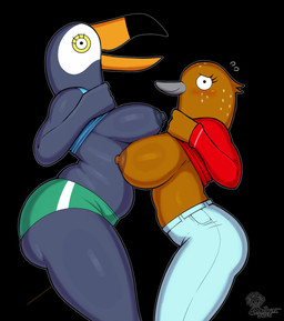 anthro arched_back areola asymmetrical_breast_frottage beak big_beak big_breasts big_butt black_areola black_body black_feathers blue_clothing blue_shirt blue_tank_top blue_topwear blush bottomwear breast_squish breasts breasts_frottage brown_areola brown_body brown_feathers brown_nipples butt clothed clothing clothing_lift curvy_figure denim denim_bottomwear denim_clothing duo exposed_breasts eyelashes feathers female flashing flashing_breasts green_bottomwear green_clothing hotpants jeans looking_at_viewer nipples no_bra non-mammal_breasts non-mammal_nipples open_beak open_mouth outline pants partially_clothed red_clothing red_sweater red_topwear shirt shirt_lift shorts side_boob side_view simple_background smile smiling_at_viewer squish standing sweatdrop_(iconography) sweater tank_top thick_thighs topwear wide_hips mehdrawings netflix tuca_and_bertie bertie_songthrush tuca_(tuca_and_bertie) avian bird oscine passerine song_thrush thrush_(bird) toco_toucan toucan true_toucan 2026 absurd_res hi_res watermark