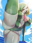 big_breasts bodily_fluids breasts camel_toe female green_hair hair huge_breasts looking_at_viewer nipple_outline raised_leg solo spread_legs spreading sweat sweatdrop white_body sana!rpg nintendo pokemon gardevoir generation_3_pokemon humanoid pokemon_(species) 2024 3:4 hi_res