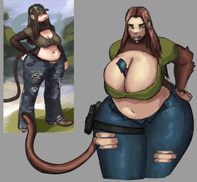 anthro belt between_breasts big_breasts bottomwear breasts brown_body brown_fur brown_hair buckteeth choker cleavage clothed clothing crop_top denim denim_bottomwear denim_clothing female fur green_eyes gun hair hand_on_hip handgun holster holstered_pistol huge_breasts jeans jewelry leg_holster long_hair midriff navel necklace open_bottomwear open_clothing open_mouth open_pants pants pistol ranged_weapon shirt simple_background slightly_chubby solo standing tail teeth texas topwear torn_bottomwear torn_clothing torn_jeans torn_pants weapon quattrant redustheriotact aarin_(redustheriotact) haplorhine mammal monkey primate 2025 hi_res reference_image