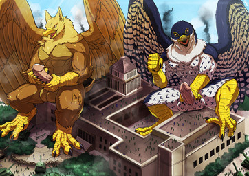 4_toes 5_fingers abs anthro balls beak biceps brown_body brown_fur building building_destruction city city_background claws crush destruction detailed_background duo erection extreme_size_difference feathered_wings feathers feet finger_claws fingers fur genitals hair house macro macro_anthro macro_male male masturbation military muscular muscular_anthro muscular_male nude open_mouth outside paws pecs penis plant rampage ranged_weapon size_difference sky smile soldier tail tank_(vehicle) toe_claws toes vehicle warrior weapon white_body wings tatugon mythology carpo corvidius_(character) avian bird falcon falconid gryphon mythological_avian mythological_creature hi_res