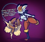 anthro duo female navel spread_legs spreading text thick_thighs training yellowcyann nintendo pokemon cinderace generation_4_pokemon generation_8_pokemon lagomorph lopunny mammal pokemon_(species) absurd_res english_text hi_res